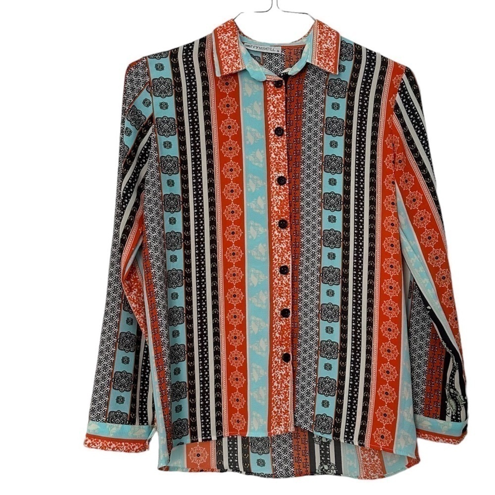 Misell Shirt Vibrant Button Down High Low Blouse Eclectic Multicolor Size S